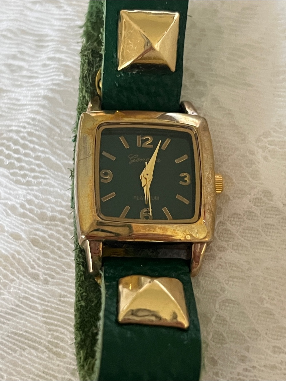 Geneva Green and Gold Square Face Women's Watch